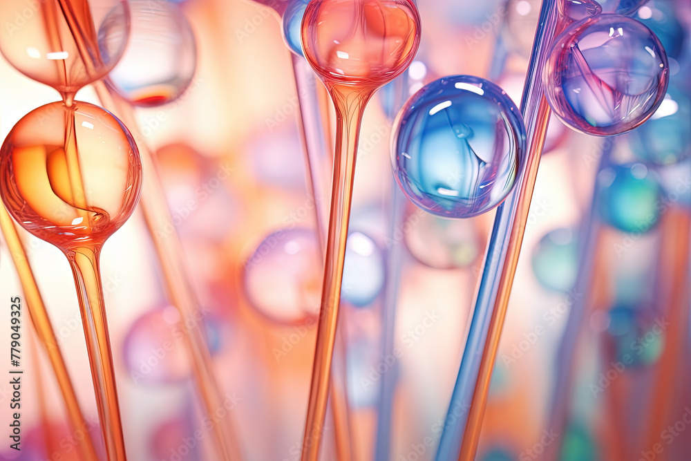 Poster Pink holographic bubbles floating on the soft colorful abstract background in beautiful vivid tones.