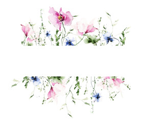 Watercolor floral border frame on white background. Pink, blue wild flowers, branches, leaves and twigs.