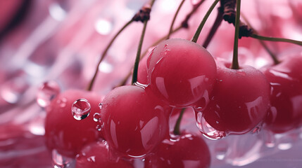 Cerises rouges sur un fond rose, rosé avec éclaboussure d'eau. Fruit, sain, délicieux, sucré. Jus de fruit, dessert. Pour conception et création graphique.	