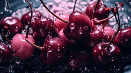 Cerises rouges sur un fond rose, rosé avec éclaboussure d'eau. Fruit, sain, délicieux, sucré. Jus de fruit, dessert. Pour conception et création graphique.	 - obrazy, fototapety, plakaty