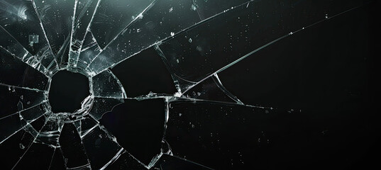 Broken glass isolated on black background with hole