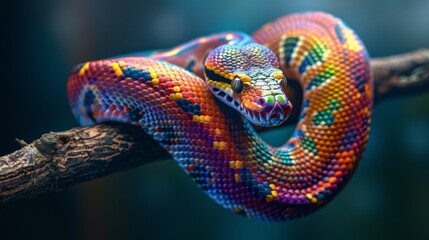 Rainbow boa constrictor coiled on branch with iridescent scales reflecting full spectrum colors - obrazy, fototapety, plakaty