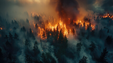 Forest fire. Aerial high view. Generative AI.