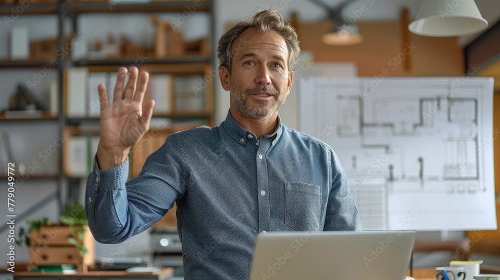 Poster male teacher stands in front of a laptop computer, waving as he lectures online about architectural 
