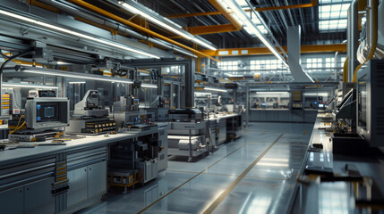A high-tech electronics assembly plant with soldering stations and testing equipment, momentarily silent but capable of producing a wide range of electronic devices