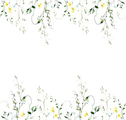 Watercolor floral seamless border frame on white. Yellow, blue growing wild flowers, green herbs, leaves and twigs.