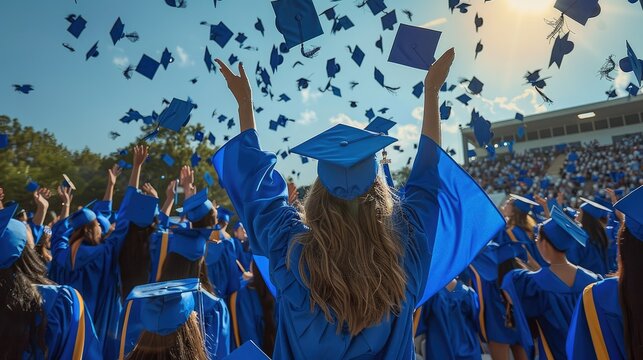 A group of graduates throw their caps in the air in unison. Generative AI.