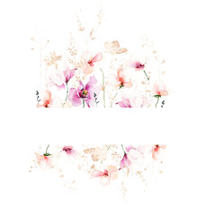 Watercolor floral border frame on white background. Pink, orange, golden wild flowers, branches, leaves, twigs.