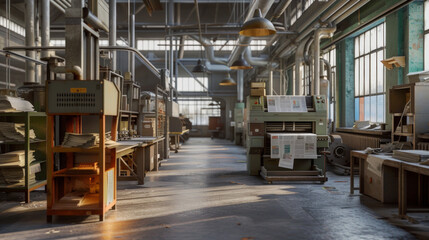 A busy printing press with printing machines and finishing equipment, momentarily at rest but ready to print books, magazines, and other printed materials