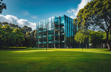 Modern office building with a glass facade and a green park nearby, wide angle view