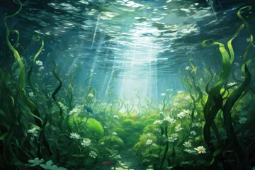 Schilderijen op glas An aquatic plants, An array of aquatic plants swirling underwater, AI generated © Tanu