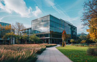 Modern office building with a glass facade and a green park nearby, wide angle view