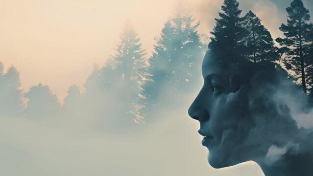 Woman profile and a forest with clouds. Double exposition. Header for nature conservation