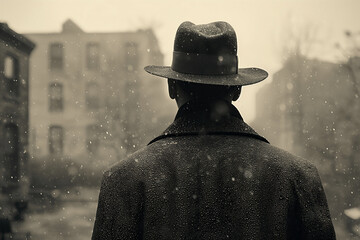 back a male investigator in a hat and raincoat in street in rain. Black and white retro style - obrazy, fototapety, plakaty