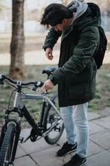Fototapeta premium A young, casual man is inspecting or locking his mountain bike in a city park, preparing for a leisure ride.