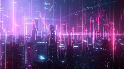 Futuristic Skyline with Glowing Neon Lights and Holographic Simulation