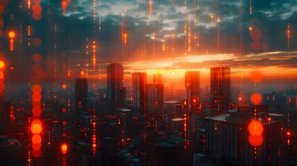 Vibrant Futuristic Cityscape with Towering Skyscrapers and Neon Glow at Dramatic Sunset