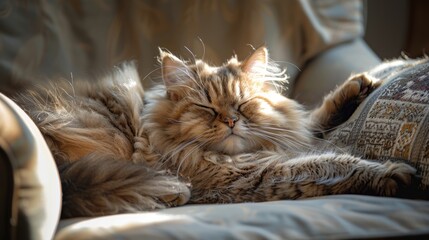 Tranquil scene  persian cat sleeping in sunlit armchair, emphasizing soft fur and plush textures