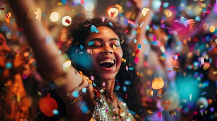 a photo of people celebrating with confetti  - obrazy, fototapety, plakaty