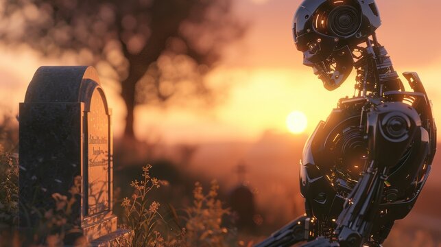 Side view of a humanoid robot standing beside a gravestone, its metallic frame reflecting the colors of the setting sun as it offers a final farewell. 