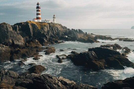 A lighthouses, An array of lighthouses along a rocky coastline, AI generated