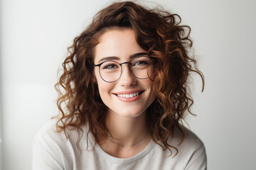 Obraz premium Young pretty brunette girl over isolated white background with glasses