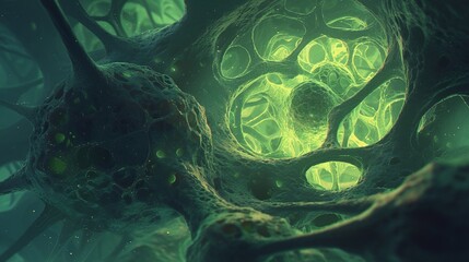 Cell undergoing necrosis, eerie green glow, zoomedin view, detailed decay, pathological illustration