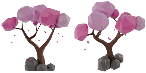 3D Low Poly Sakura Tree with Green Leaves Falling Down Isolated