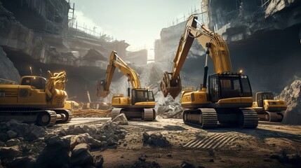 A photo of a construction site with a fleet of bulldozer - obrazy, fototapety, plakaty