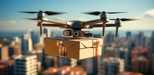 A UAV drone flies against the sky above the city and delivers a brown postal package. Fast delivery service. Technology development. Logistics - obrazy, fototapety, plakaty
