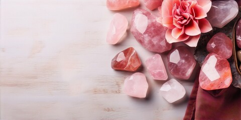 Close up of pink and white quartz and rose flower on whitewashed wooden background, pink and red color, still life photography, art deco style, interior design, minimalism