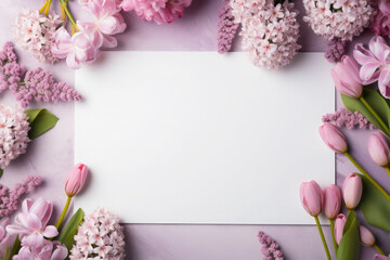 Advertising background with spring delicate flowers and white blank letter. Mother's day, March 8, birthday concept. Top view, flat lay. Space for text