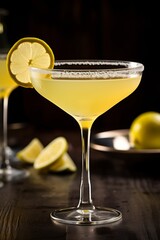 Limoncello alcoholic cocktail. Beautiful background and elegant martini glass with lemon alcoholic drink.