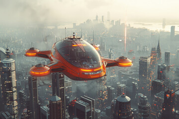 Modern future flying taxi. Unmanned aerial vehicle. Aero taxi over skyscrapers. A new era of urban air mobility. Future transportation