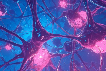Exocytosis in neurotransmission, luminous pink highlights, topdown view, detailed neuroscience visual - obrazy, fototapety, plakaty