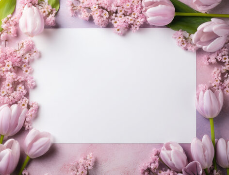 Advertising background with spring delicate flowers and white blank letter. Mother's day, March 8, birthday concept. Top view, flat lay. Space for text