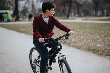 A carefree boy riding a bicycle outdoors, embracing freedom and joy in a city park.