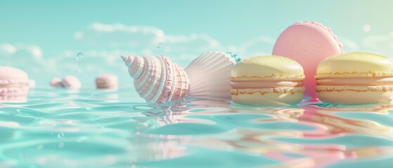 A tranquil macaron lagoon, with pastel-colored shells floating atop minty blue waters, 3D illustration - obrazy, fototapety, plakaty