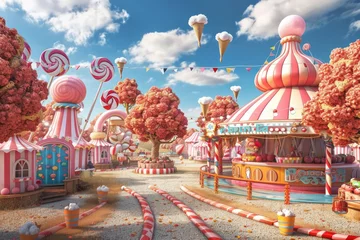 Fotobehang A carnival land of funnel cake stands, cotton candy trees, and caramel apple orchards, 3D illustration © Pungu x