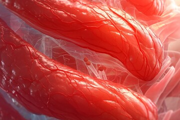 Necrosis in organ tissue, deep red shades, detailed zoom, ultrarealistic, health education diagram