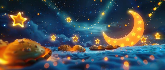Obraz na płótnie Canvas A dreamy nightscape of moon pies, with milky way swirls and starfruit lights, 3D illustration