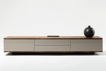 Contemporary sideboard with beige drawers and walnut top