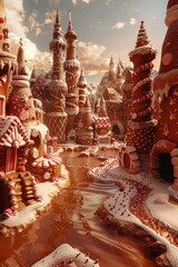 A mystical land of gingerbread castles, surrounded by moats of hot chocolate, 3D illustration