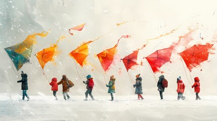 A group of people engaged in a friendly kite-flying competition, their colorful kites popping against the white backdrop