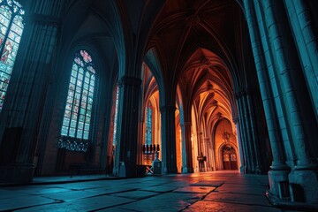 A cathedral interior, An atmospheric gothic cathedral interior, bathed in dimmed, colored light, AI generated - obrazy, fototapety, plakaty