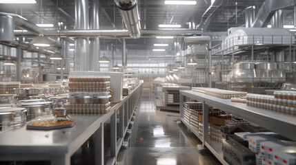 Naklejka premium A bustling food packaging facility with automated lines and quality control stations, momentarily still but ready to package food products with precision