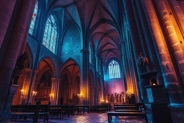 A cathedral interior, An atmospheric gothic cathedral interior, bathed in dimmed, colored light, AI generated - obrazy, fototapety, plakaty