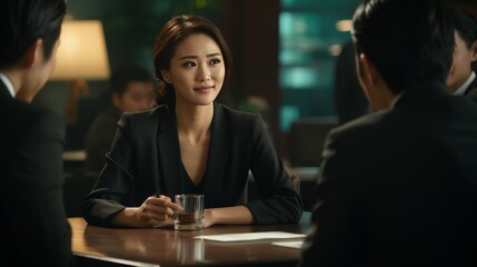 A beautiful young girl of Asian appearance is having a conversation in the office. Manager in the office. Woman businesswoman.