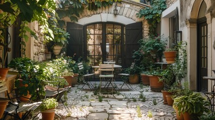 Fototapeta na wymiar Courtyard with green plants stone pathway patio coffee table with chairs. Generative AI.