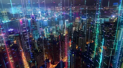 Captivating Cityscape of Glimmering Skyscrapers and Bustling Metropolis at Night